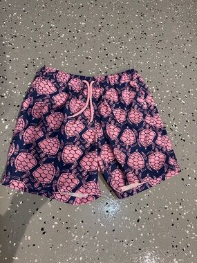 J. Crew Navy Swim Shorts with Pink Palm Print